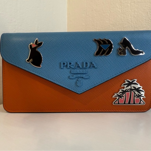 PRADA Saffiano Leather Wallet on Chain with Charms Blue/Orange - Picture 2 of 13